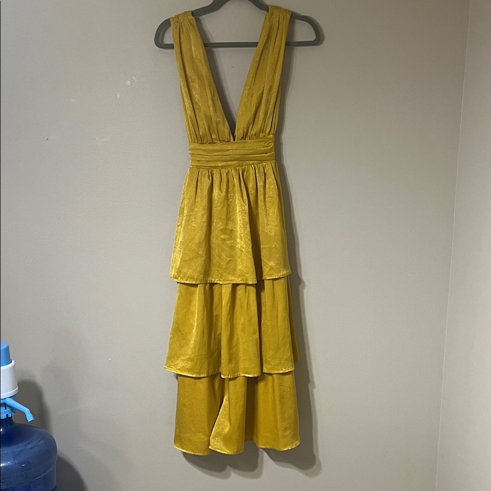 Lulu's Mustard Yellow V-Neck Tiered Maxi Dress - Picture 2 of 4